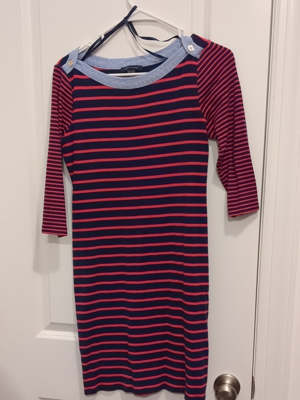 Tommy Hilfiger Navy and Pink Striped Boatneck Dress